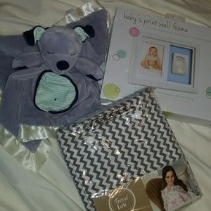 Baby printwall frame, teddy, and nursing cover